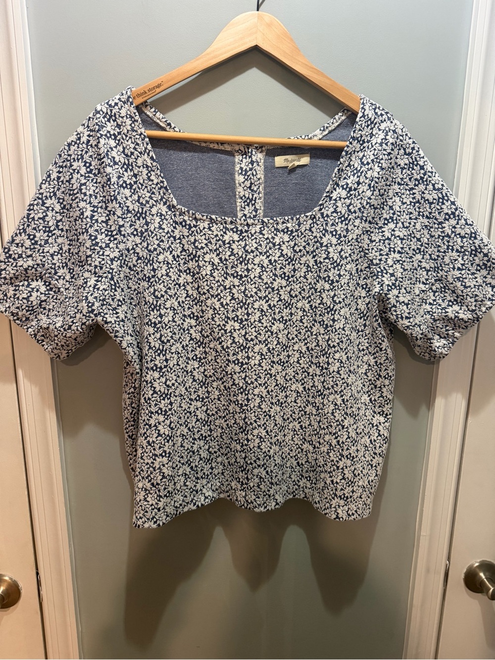 Madewell Navy and White jacquard Floral Square-Neck Top